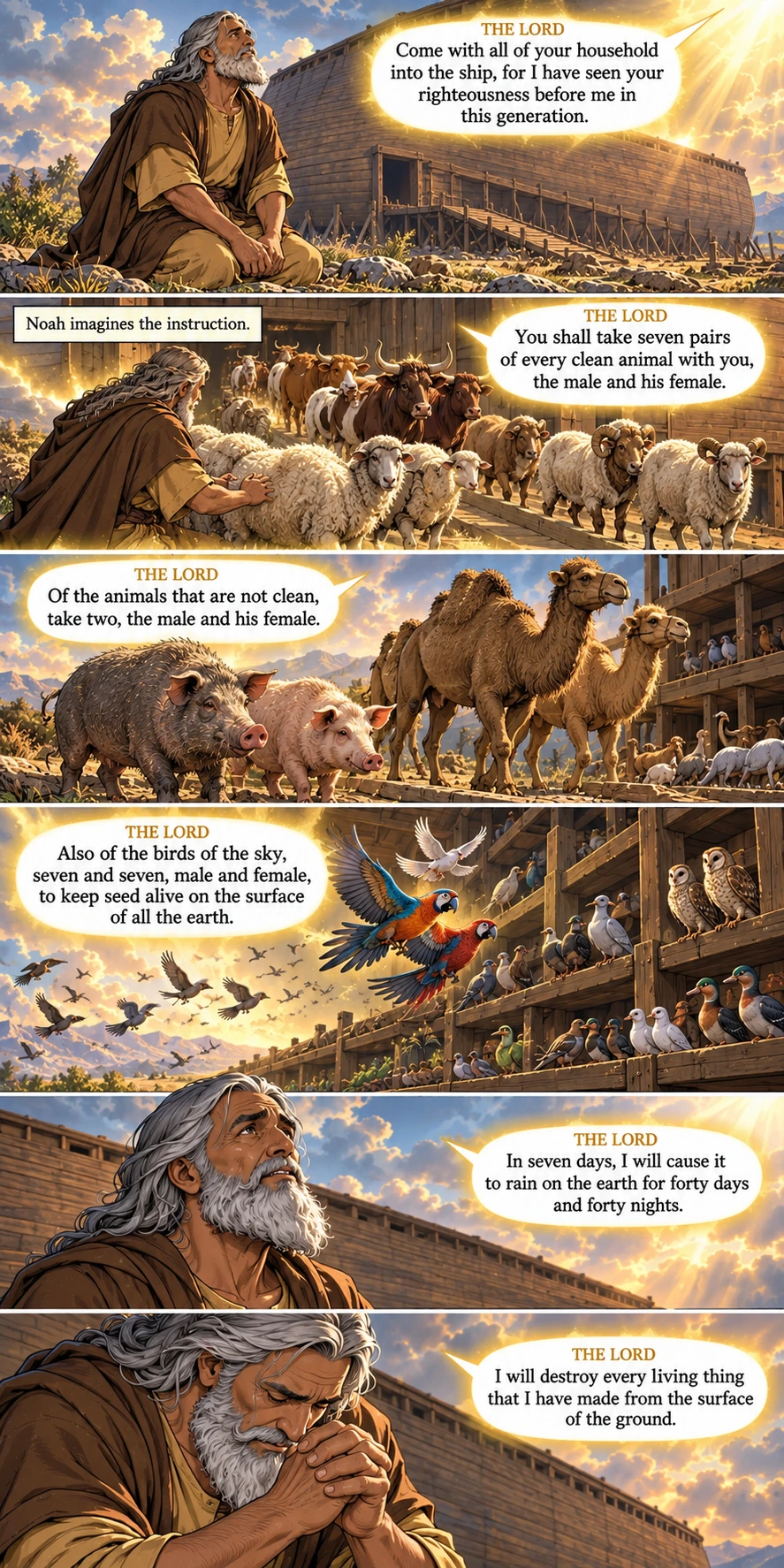 God speaks to Noah alone; golden scenes show Noah imagining the instructions about animals and birds. Genesis 7:1–4.