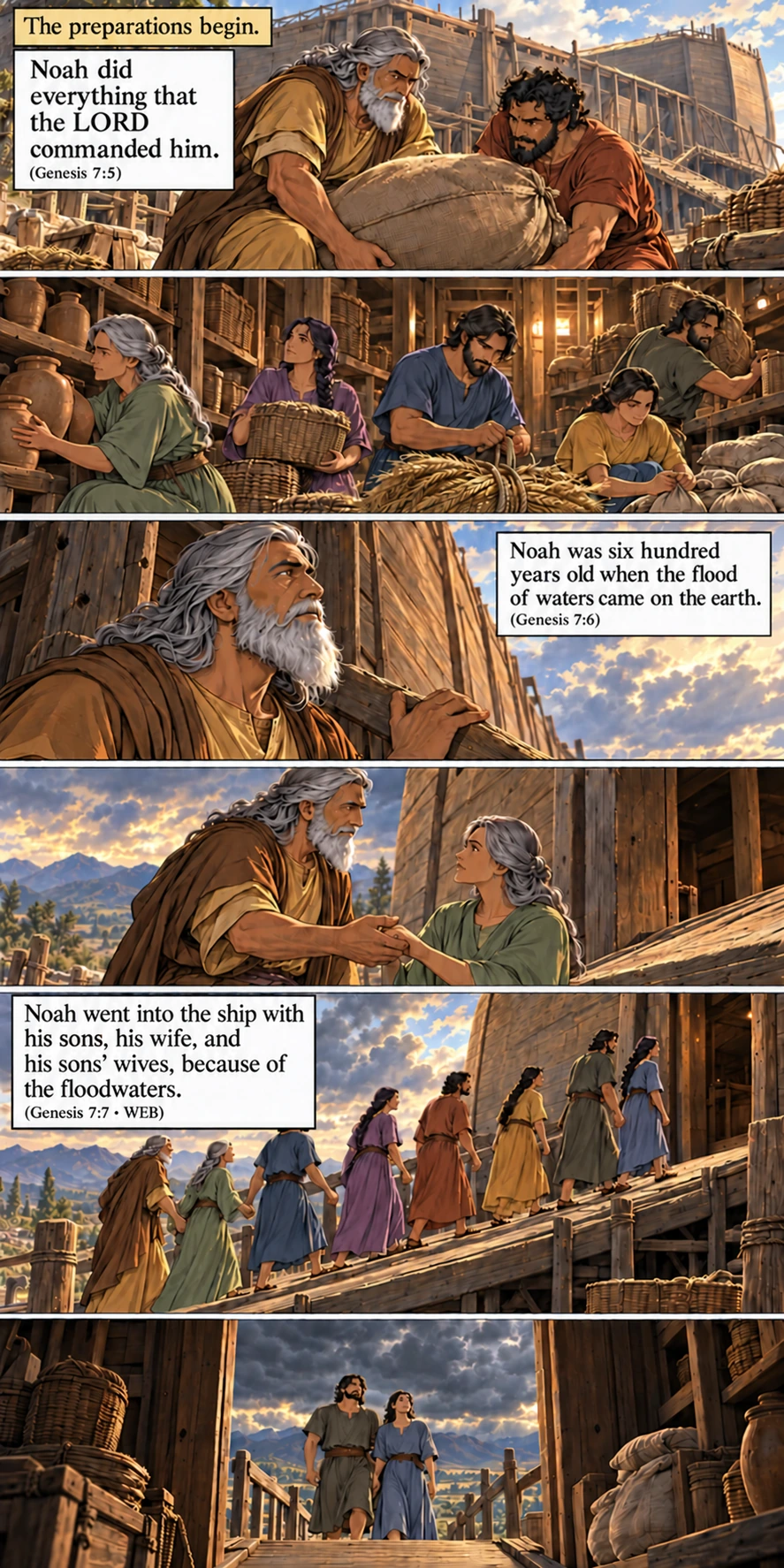 Noah prepares supplies, helps his wife, and leads his eight-person household toward the ark before the rain. Genesis 7:5–7.