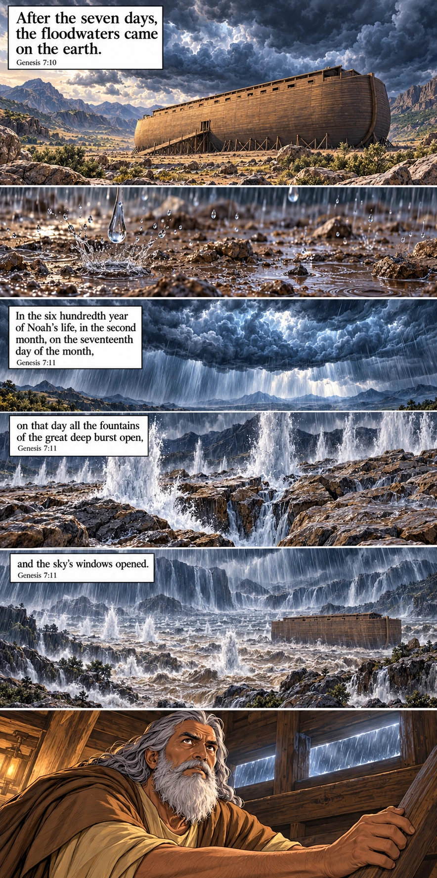 After seven days, rain begins and the fountains of the great deep burst open. Genesis 7:10–11.
