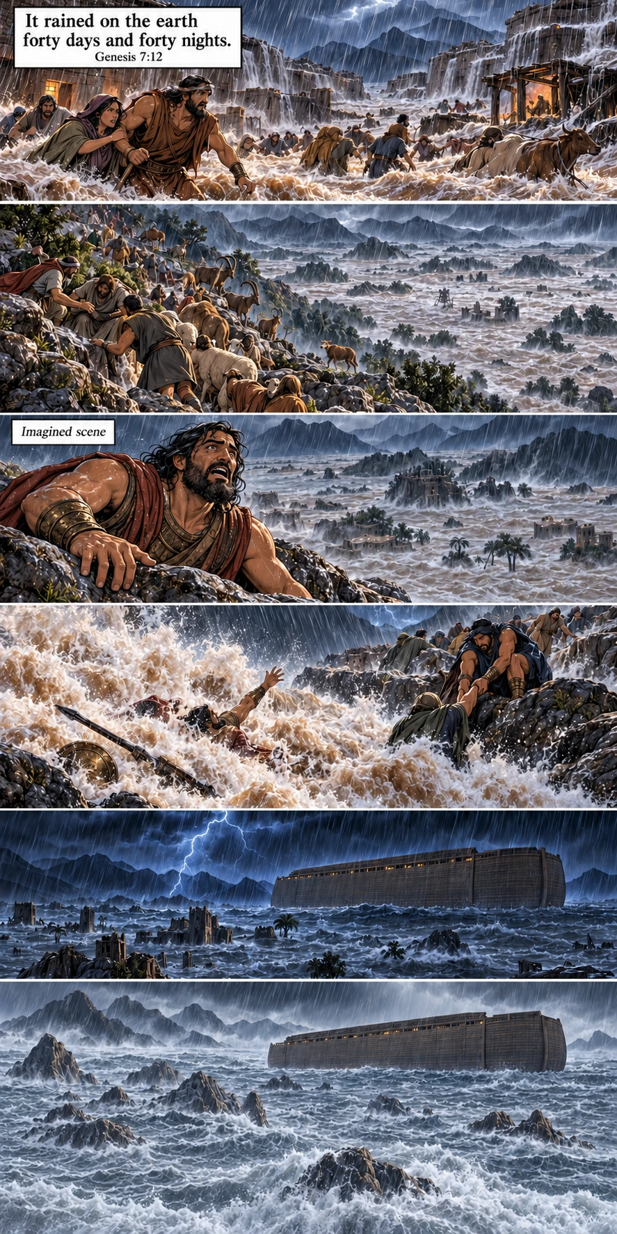 Forty days and nights of rain; people, animals, and powerful warriors are overwhelmed by rising water. Genesis 7:12.