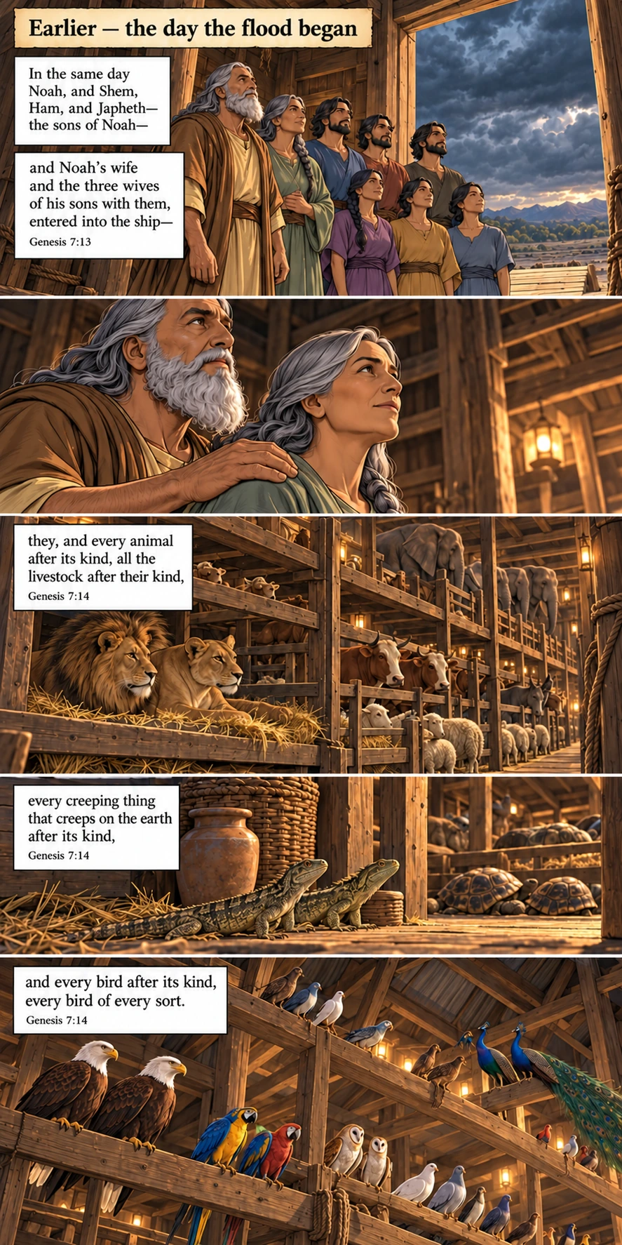 A flashback to the day the flood began: Noah, his wife, three sons, and their three wives enter the ark. Genesis 7:13–14.