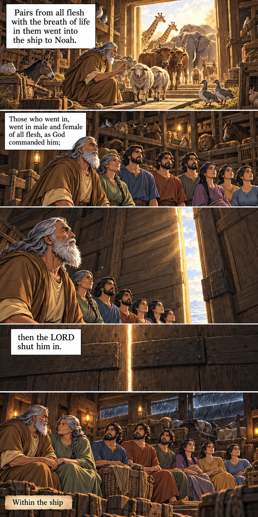 Animals enter in pairs; the LORD shuts the door, and the eight family members shelter within. Genesis 7:15–16.