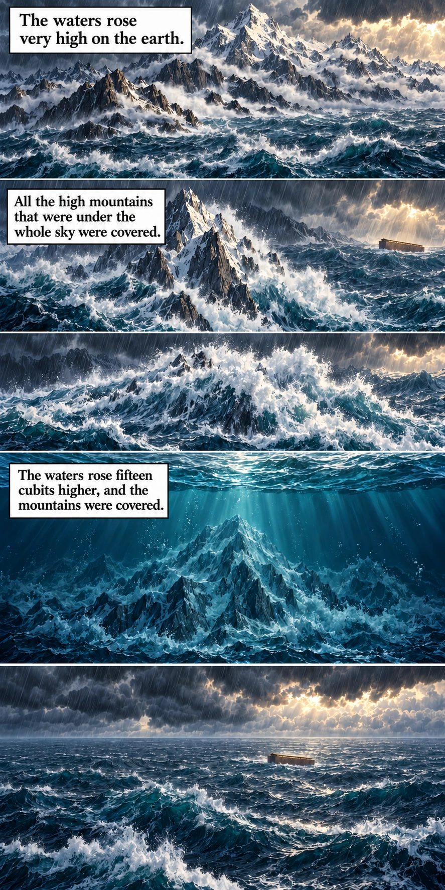The highest mountains disappear beneath the floodwater, fifteen cubits above them. Genesis 7:19–20.