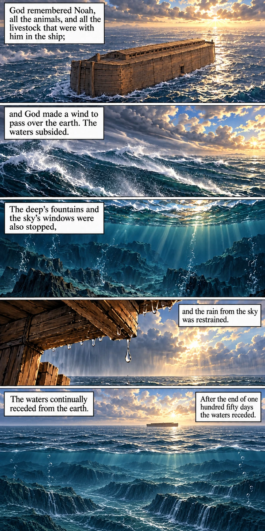 Wind sweeps the floodwaters as rain stops and the water recedes — Genesis 8:1–3