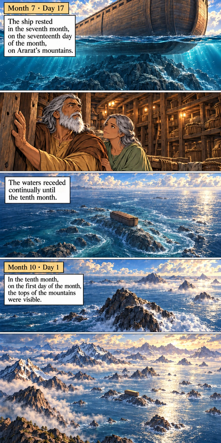 The ark rests on Ararat before the mountaintops become visible — Genesis 8:4–5