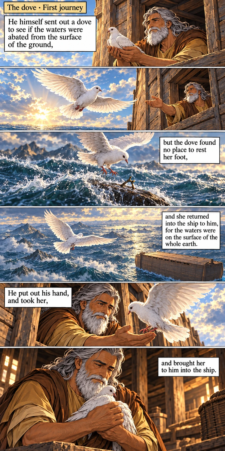 The dove finds nowhere to rest, and Noah reaches out to bring her inside — Genesis 8:8–9