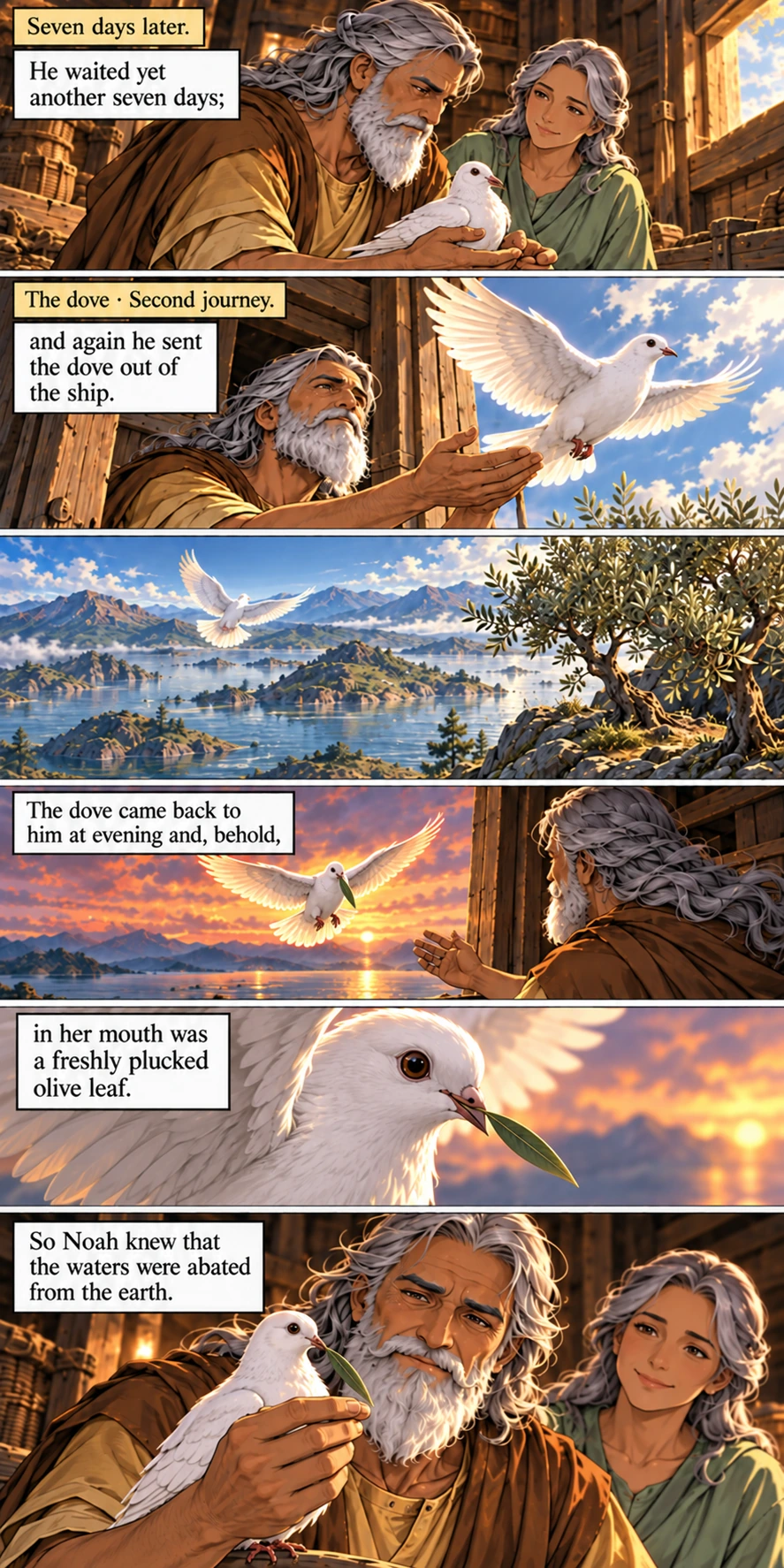 After seven days Noah releases the dove again; she returns with an olive leaf — Genesis 8:10–11