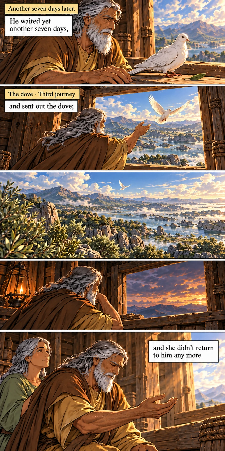 Another seven days pass; the dove leaves a third time and does not return — Genesis 8:12