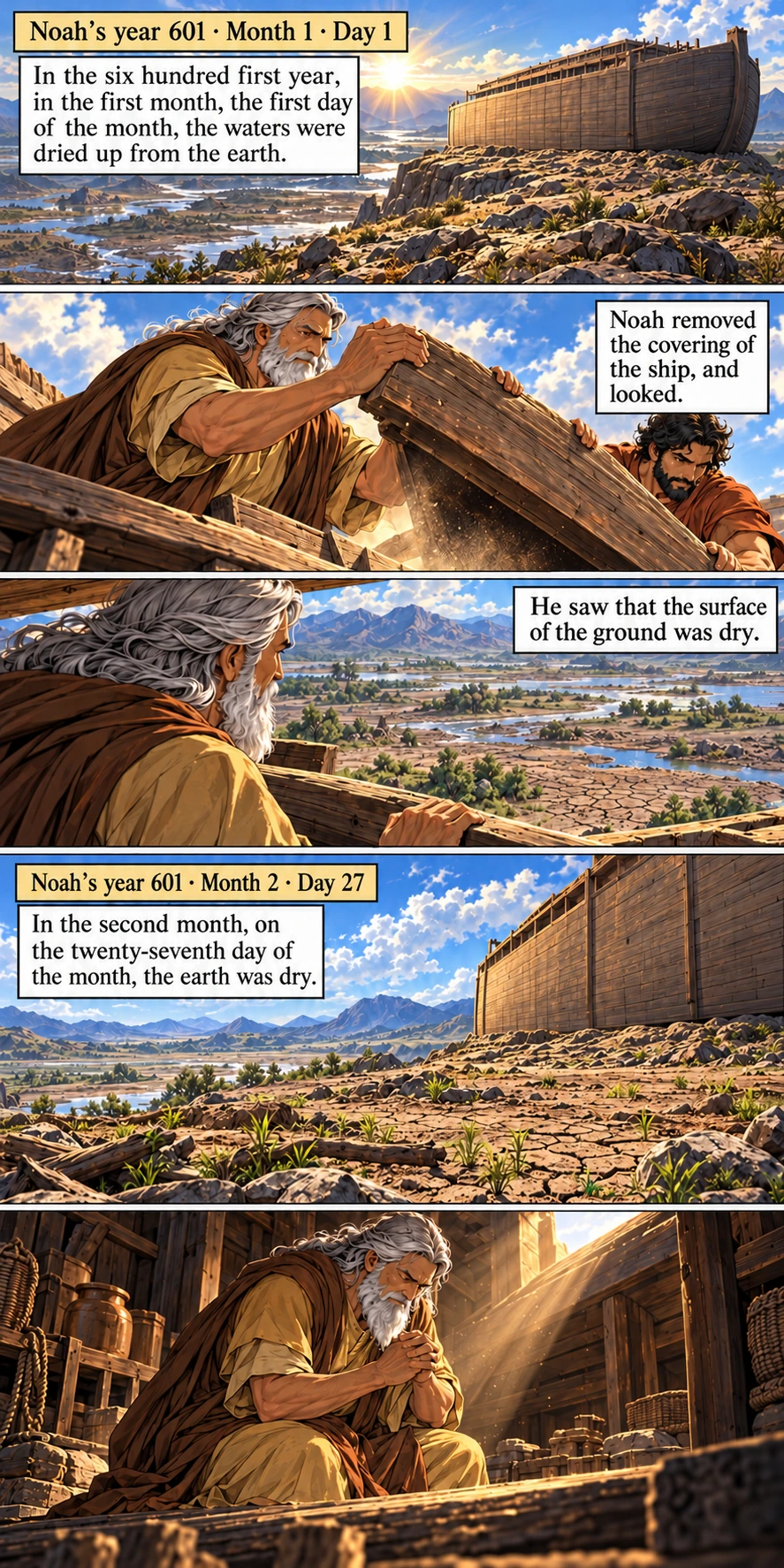 Noah removes the covering; dated scenes distinguish dry ground from the later departure — Genesis 8:13–14