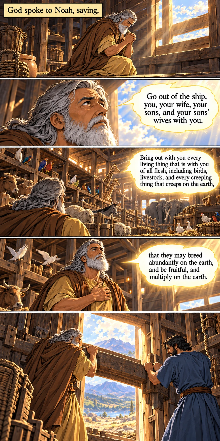 Noah listens alone as God tells him to bring his household and the animals out — Genesis 8:15–17