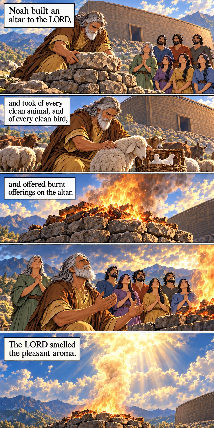Noah builds an altar and offers burnt offerings as his family gathers — Genesis 8:20–21a