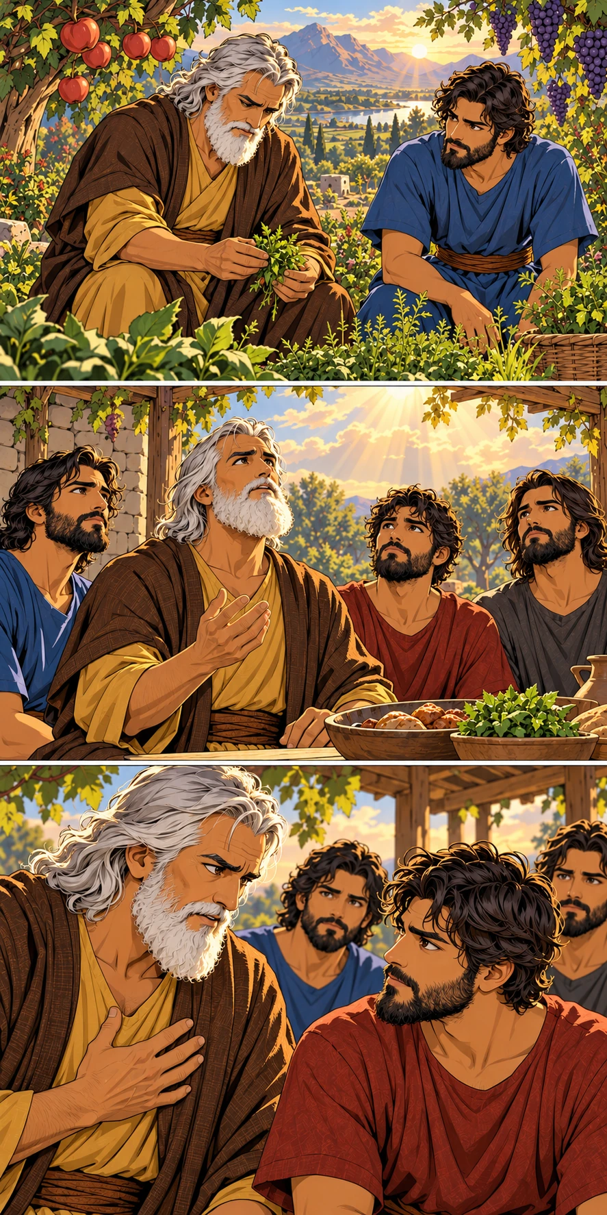 Noah examines green herbs beneath fruit trees as Shem listens. Noah and his sons look toward the light while food lies before them. Noah and Ham listen soberly to the requirement of accountability for human life.