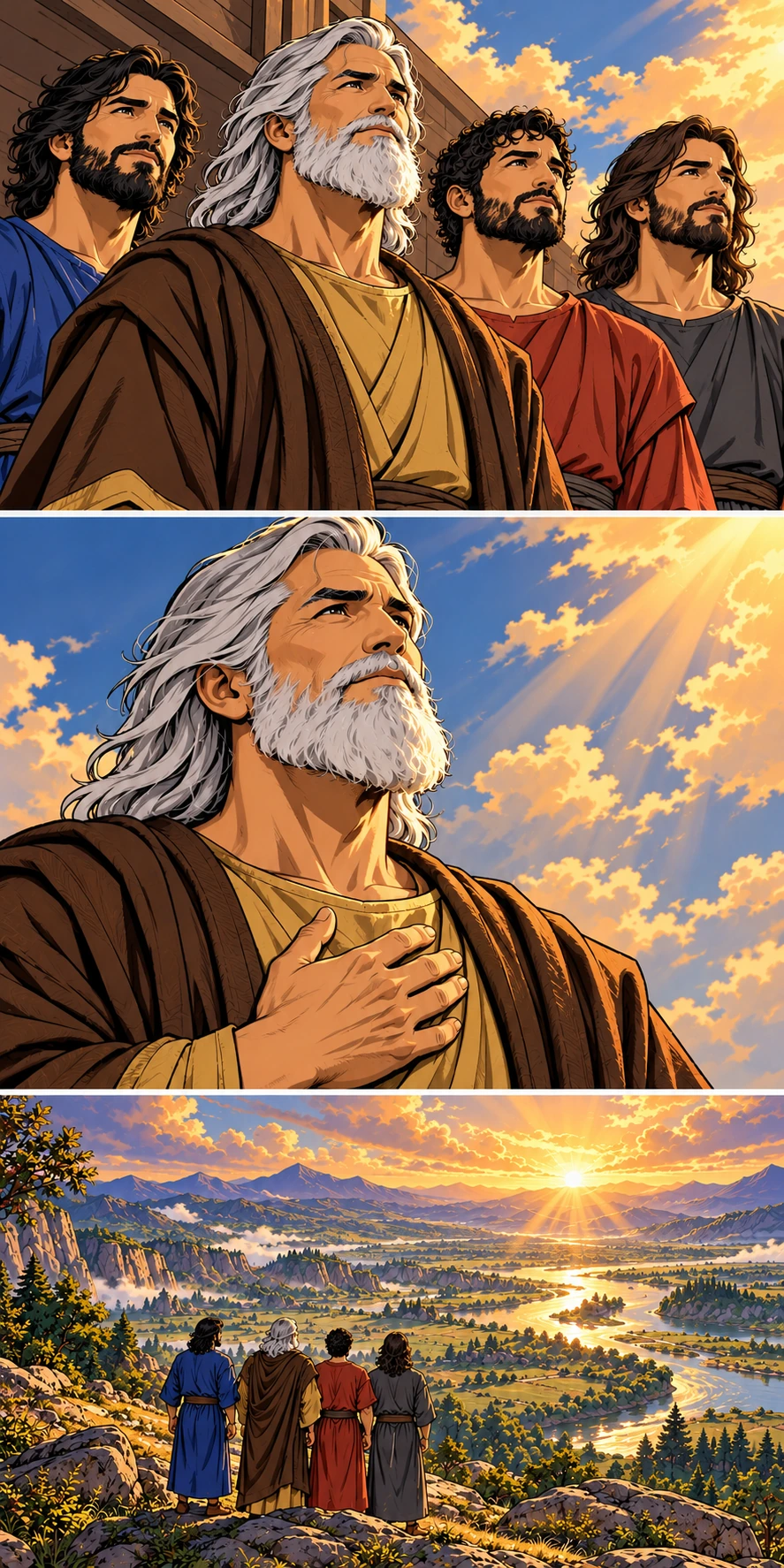 Light illuminates the faces of Noah and his three sons. Noah holds a hand to his heart, a visual meditation on human dignity. The four men look over a wide fertile valley at dawn.