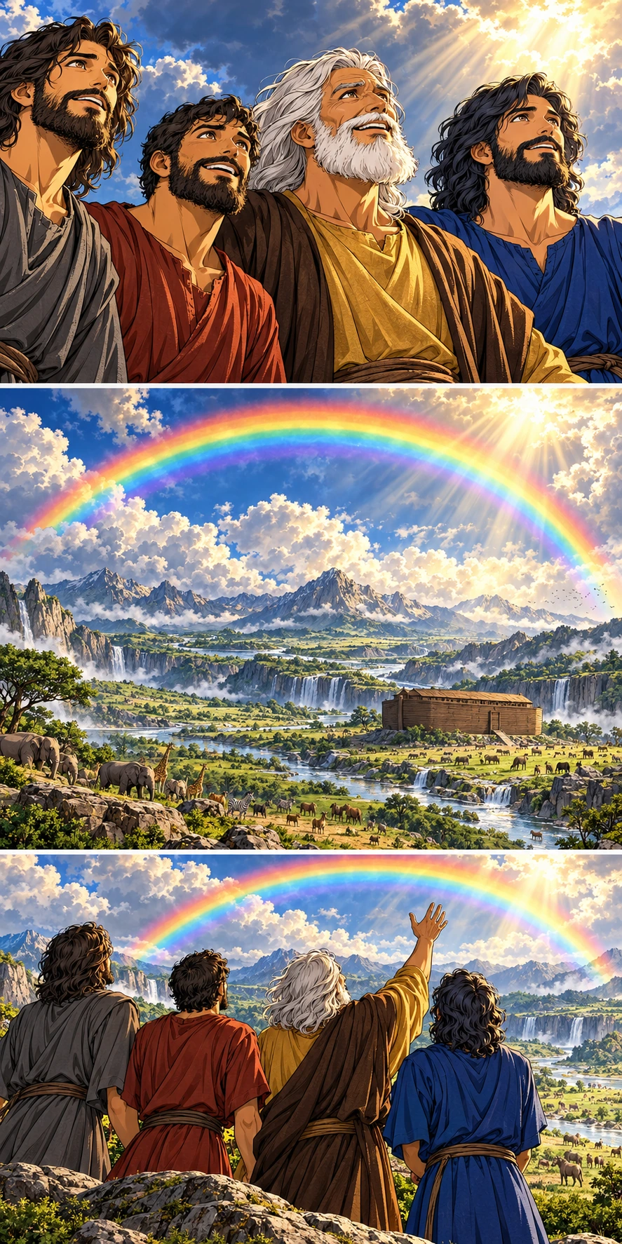 Noah and his sons lift their faces in growing wonder. A majestic rainbow spans the immense sky above mountains, rivers and the ark. The four men quietly gaze at the rainbow over the valley.