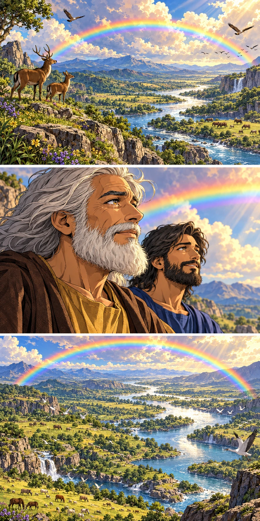 A rainbow appears against a passing cloud above a peaceful valley. Noah watches with grateful eyes as Shem stands beside him. An aerial panorama follows a calm river through land filled with living creatures.