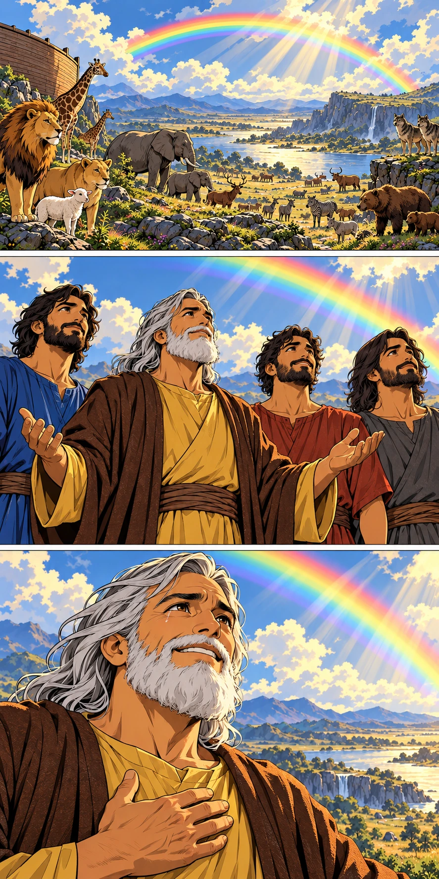 The rainbow shines against luminous clouds above creation. Noah and his three sons receive the promise together. Noah smiles softly, holding a hand over his heart.