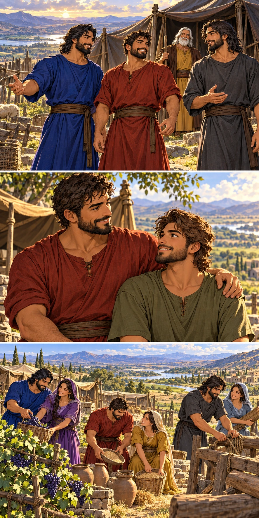 Shem in blue, Ham in rust red and Japheth in charcoal gray stand together. Ham rests a hand on his son Canaan’s shoulder. Canaan’s appearance and age are artistic interpretation. The three brothers and their wives establish a household among fields and tents.