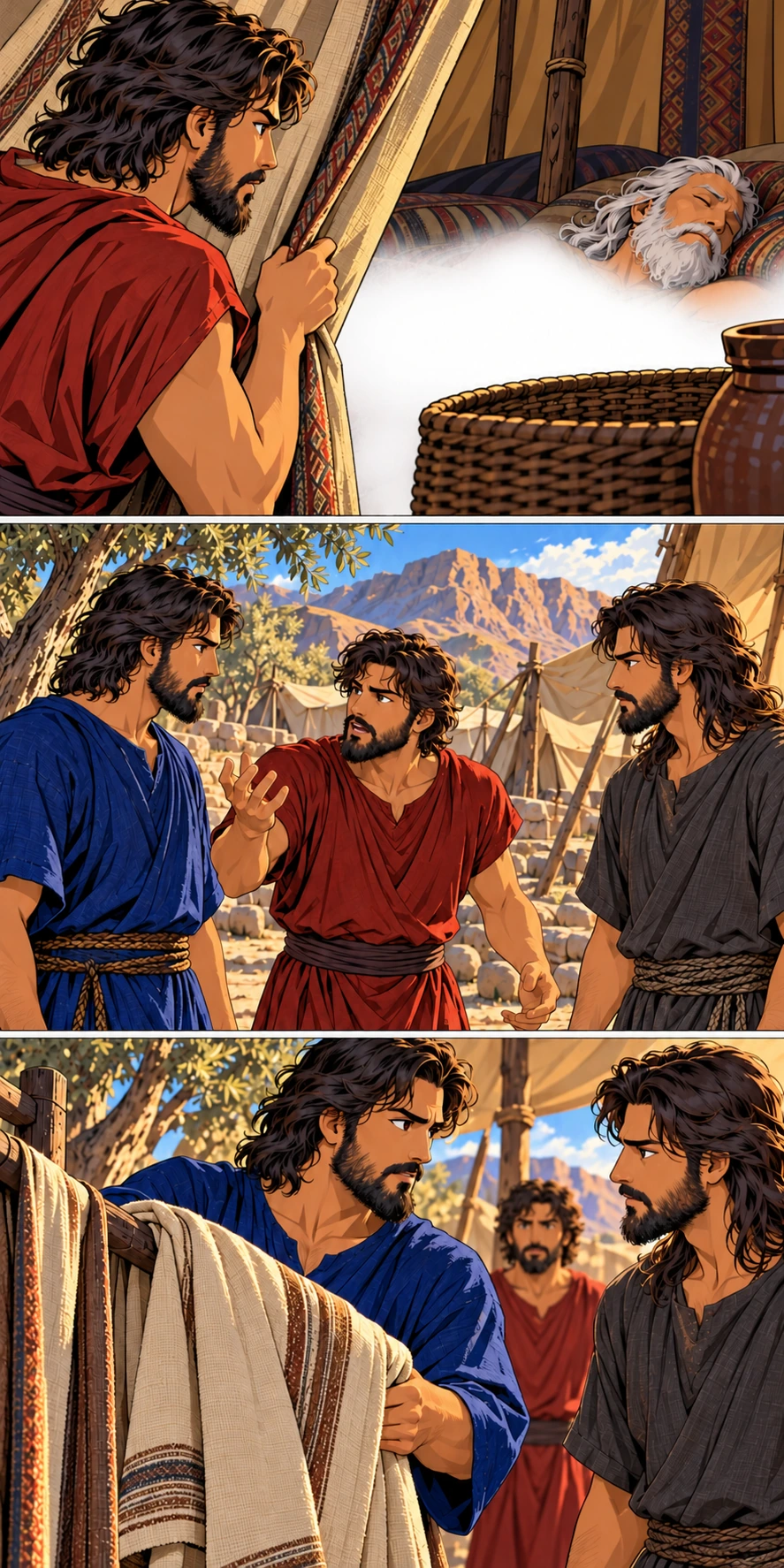 Ham sees his father uncovered inside the tent; white mist conceals Noah’s private parts. Outside the tent, Ham speaks to Shem and Japheth, who listen seriously. Shem and Japheth exchange a purposeful look and reach for a garment.
