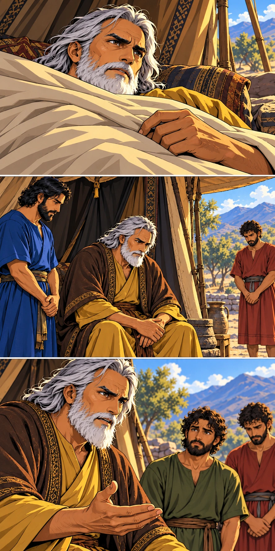 Noah wakes beneath the garment in the morning light. Fully dressed, Noah sits thoughtfully outside the tent. Noah speaks solemnly; Ham and Canaan are nearby in this artistic staging.