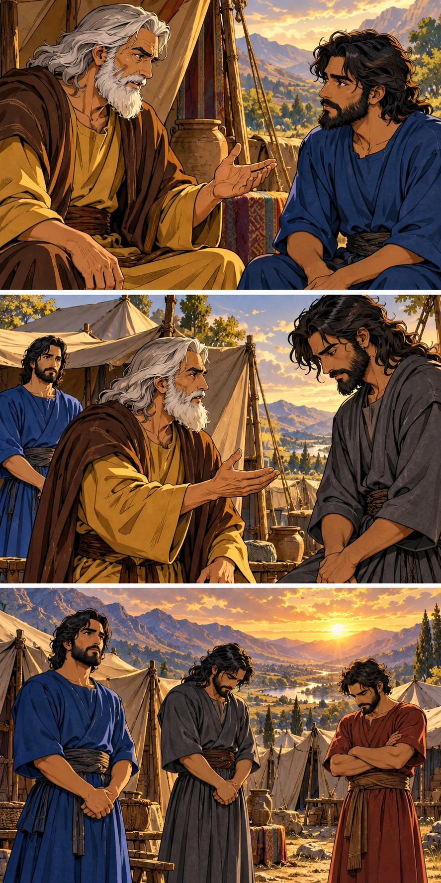 Noah speaks as Shem listens attentively. Japheth listens to Noah beside the family tents. The household stands quietly among its tents.